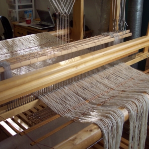 Handspun wool going on the Loom